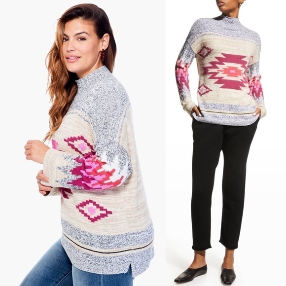 NWT NIC + ZOE Aztec Southwestern Striped Knit Mock Turtleneck Pullover Sweater M - Picture 2 of 13